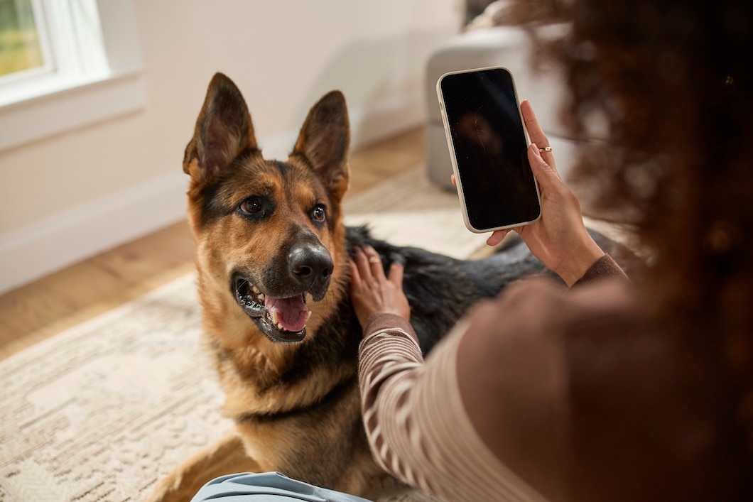 German shepherd lying indoors while a person holds a smartphone and pets the dog.