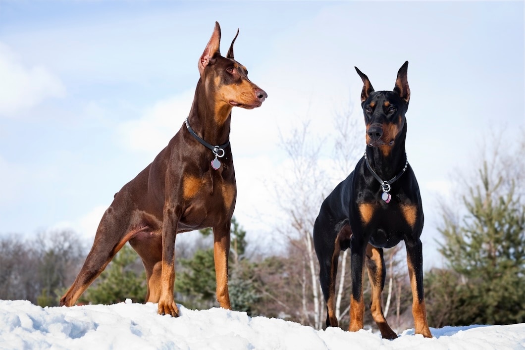 Doberman pinscher dogs outdoors in winter snow.