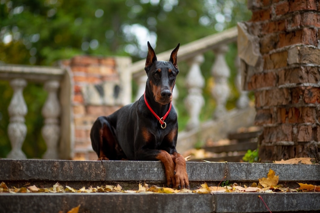 Female Doberman pinscher lying on grass outdoors.