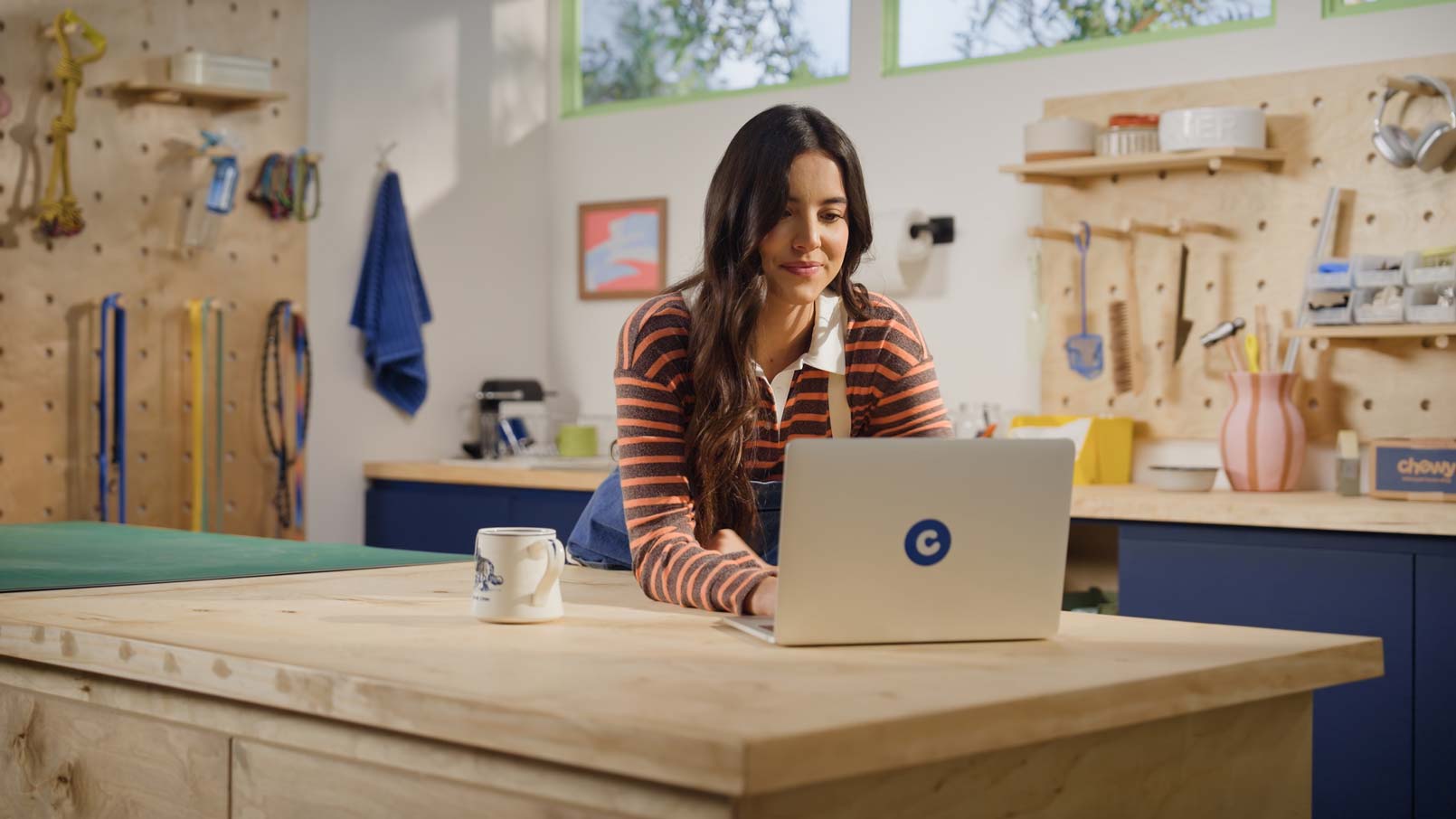 A woman looking up chicken coop plans on her laptop