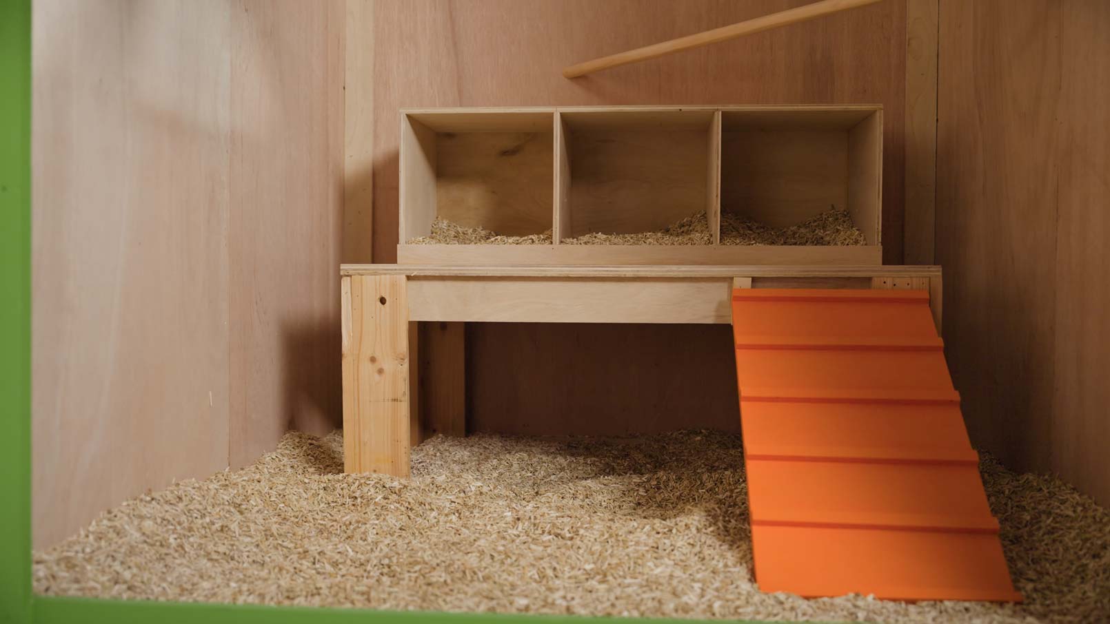 A DIY chicken coop setup including nesting boxes and roosting bar