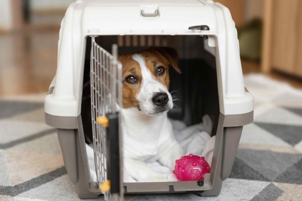 A small Jack Russell Terrier sits in a carrier with a chew toy. Learn how to protect pets during a tornado.