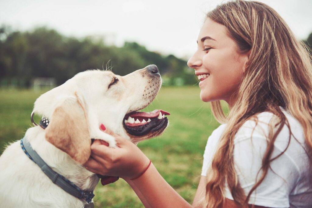 woman petting a labrador retriever's head