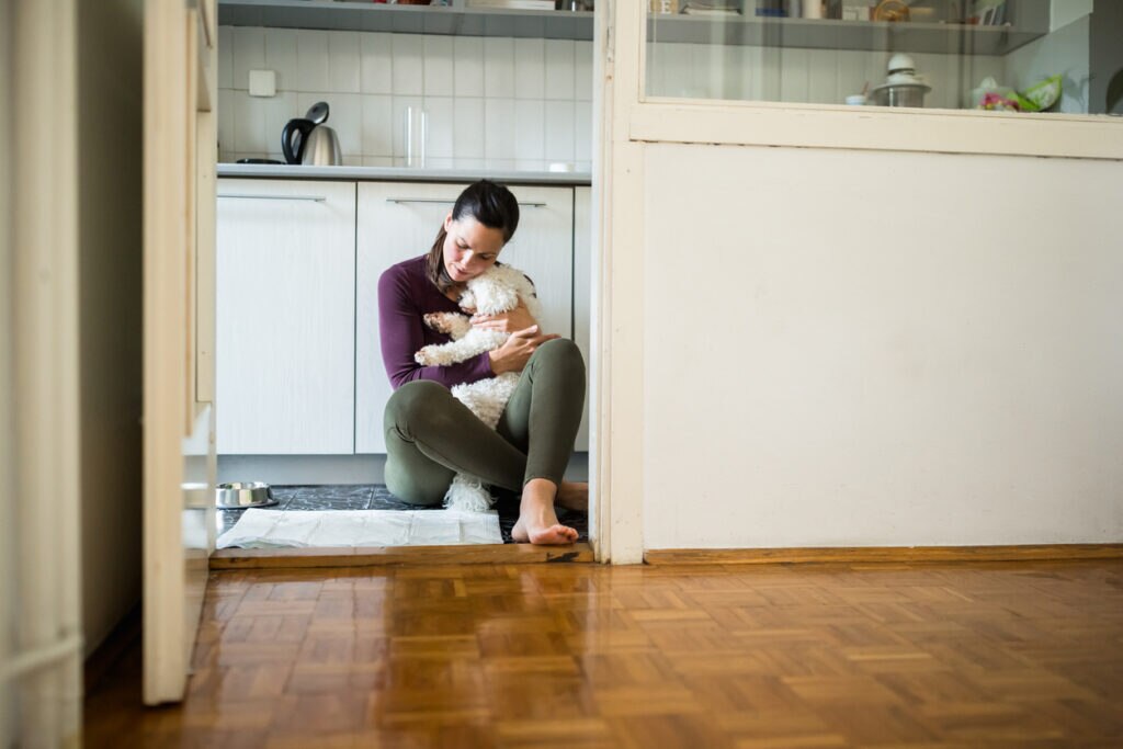woman comforting white dog by holding him while sitting on floor.