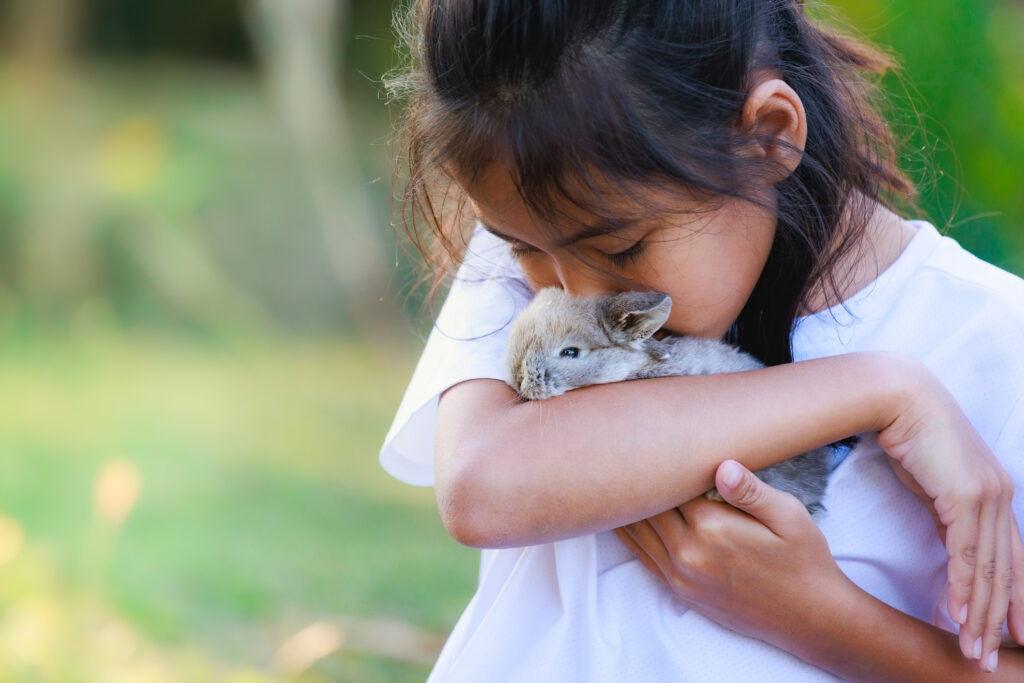 are rabbits good pets for families; a young girl cuddles with a baby rabbit.