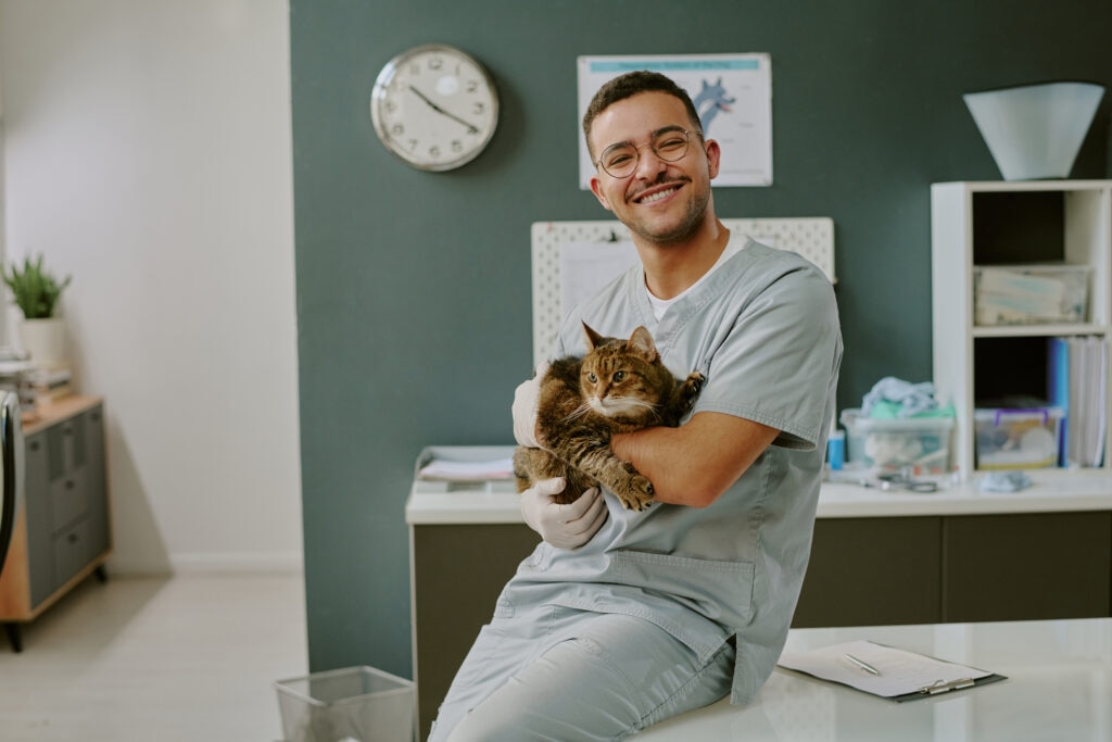 veterinary hope foundation community groups; a veterinarian holds a cat.