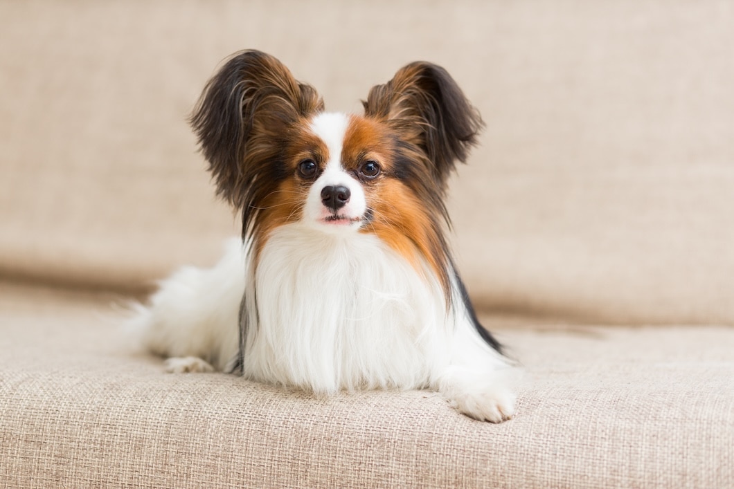 Papillon dog stretching on a couch