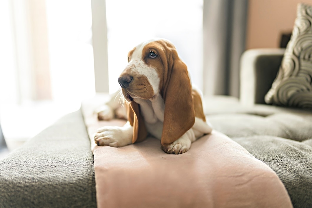 Basset Hound resting on a sofa at home