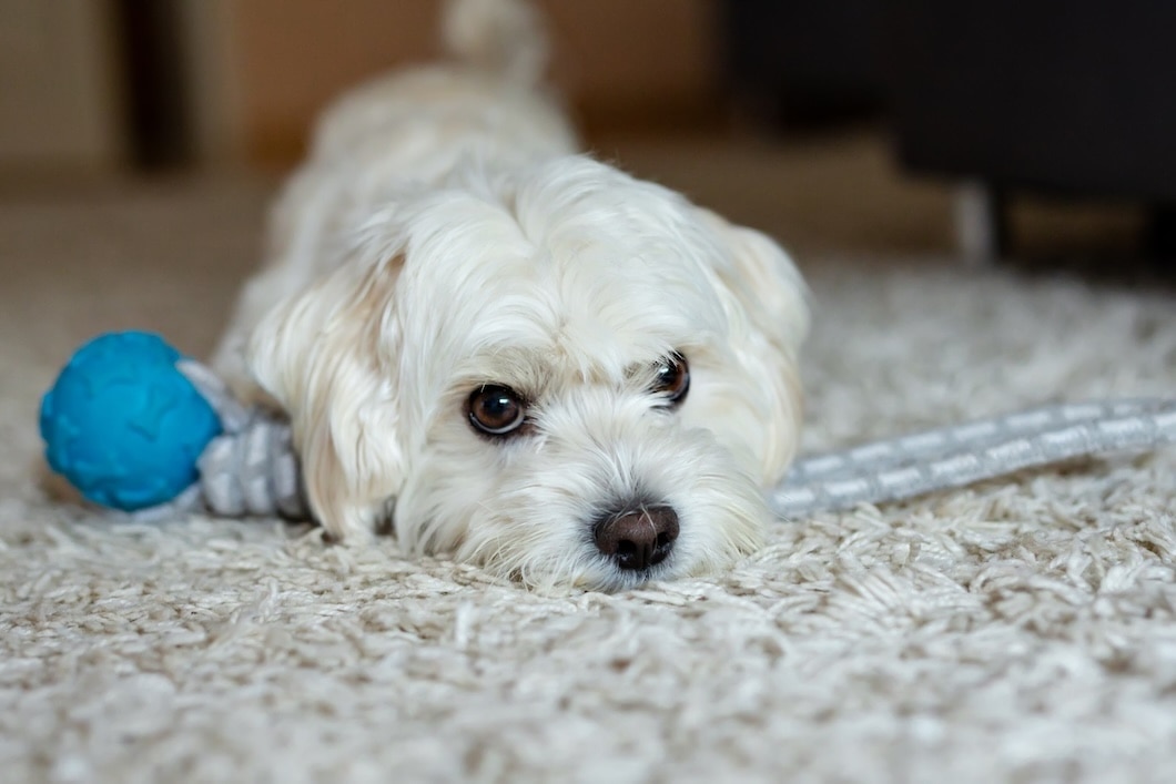 A white Maltese lying on the floor on top of a toy