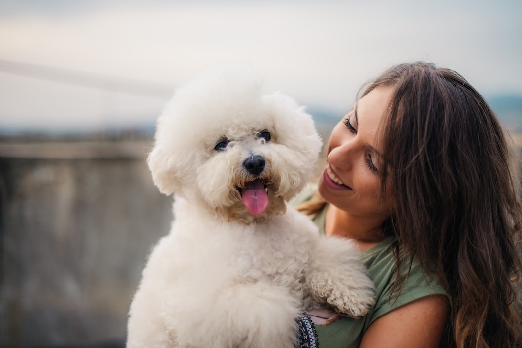 A woman holding a Bichon Frise
