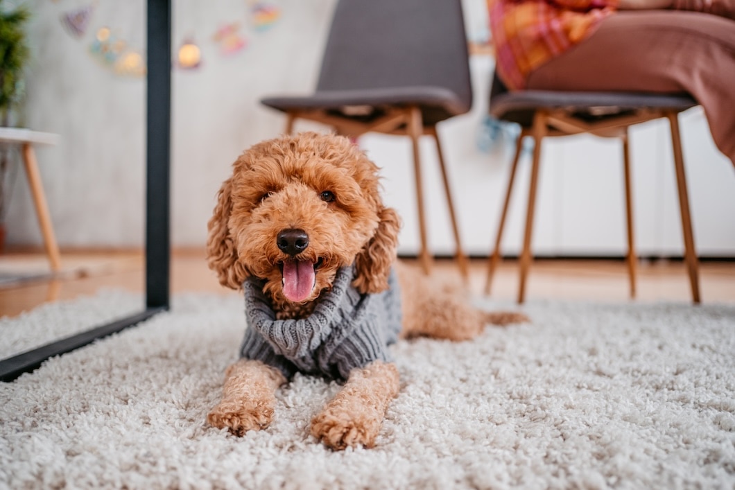 A Toy Poodle lounging on the floor at home