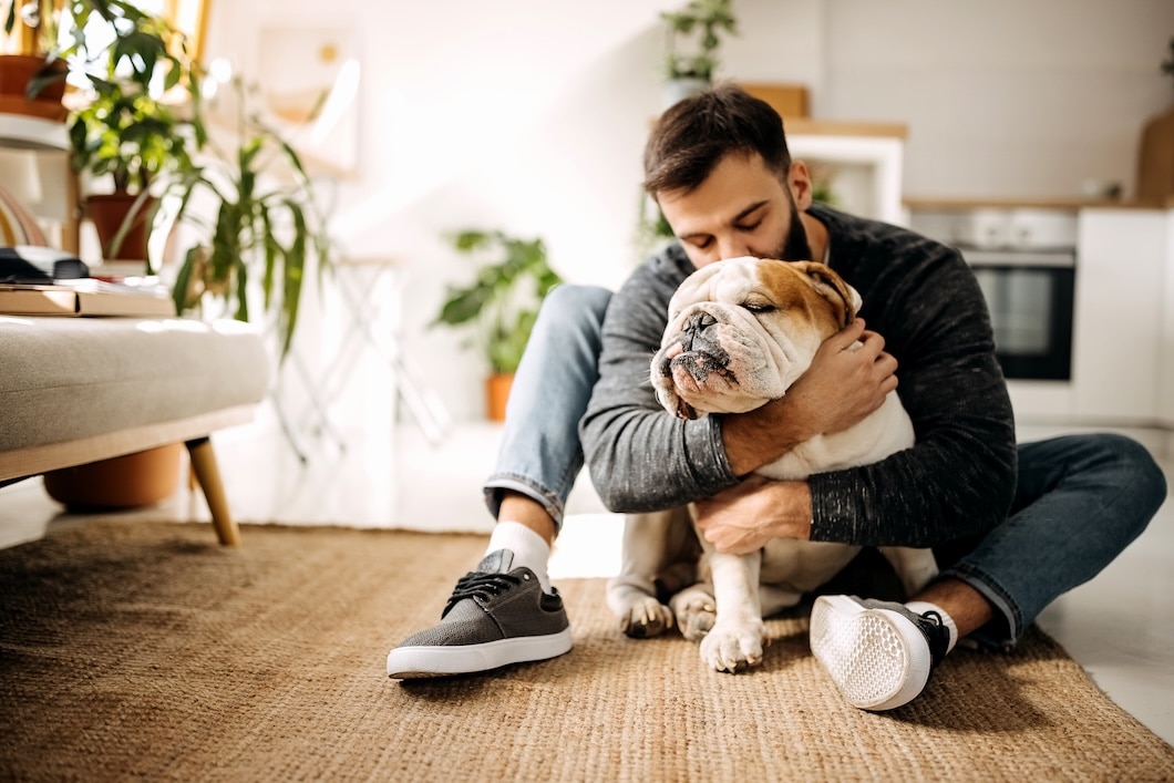Young bearded man bonding with his English bulldog