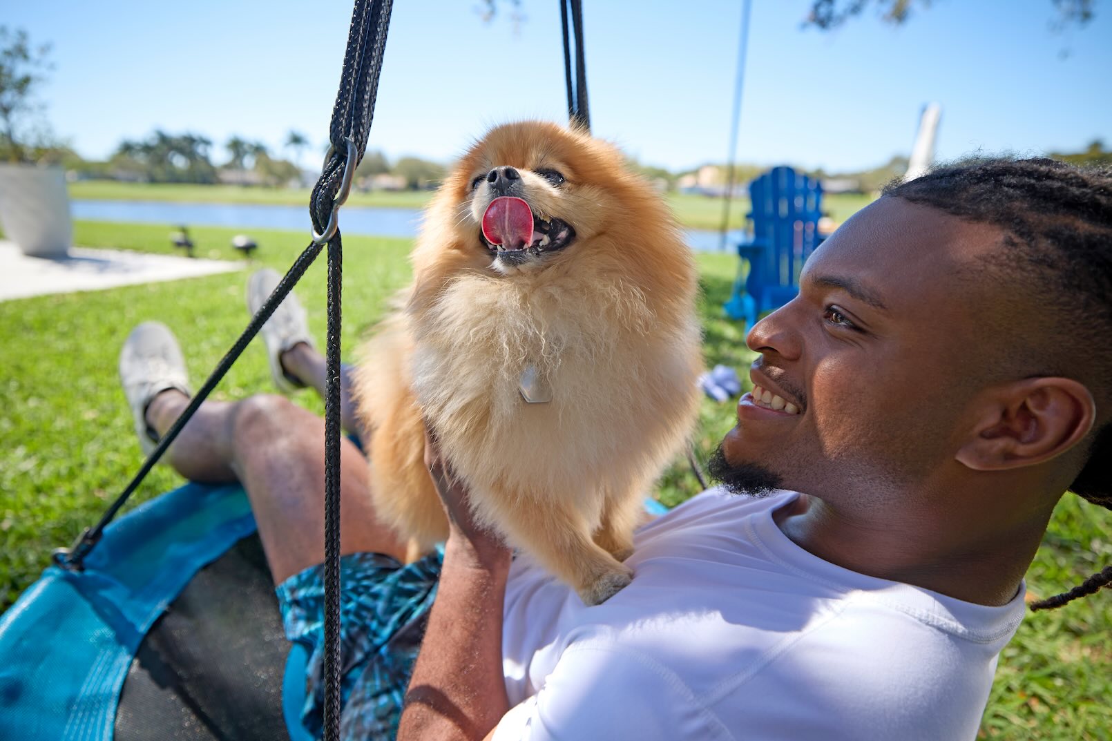 A man holding a Pomeranian dog on a swing