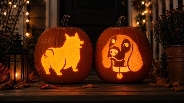 dog pumpkin carving stencils: pumpkin carvings of corgi butt and dachshund face