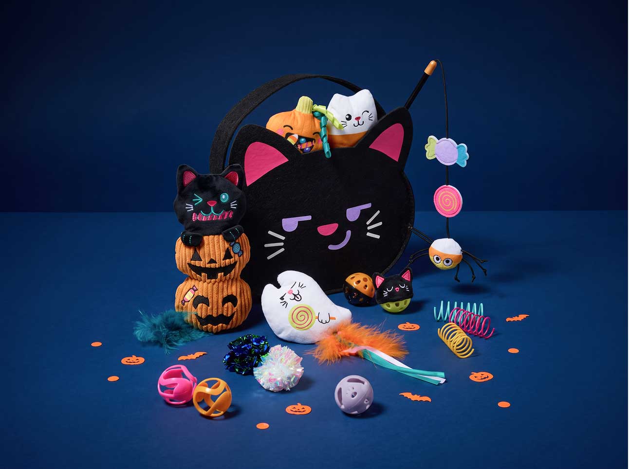 A ready-made cat boo basket filled with treats and toys