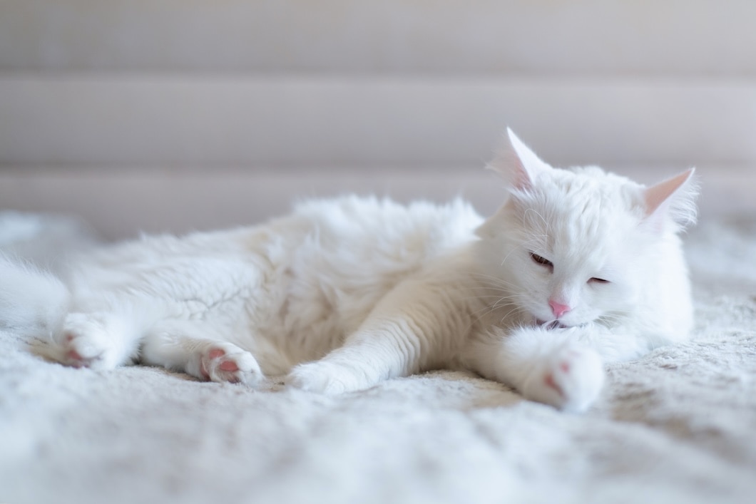 White Turkish Angora Cat lying on a bed