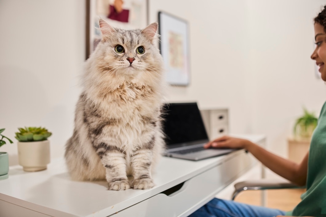 A Siberian cat perches on a desk next to a pet parent