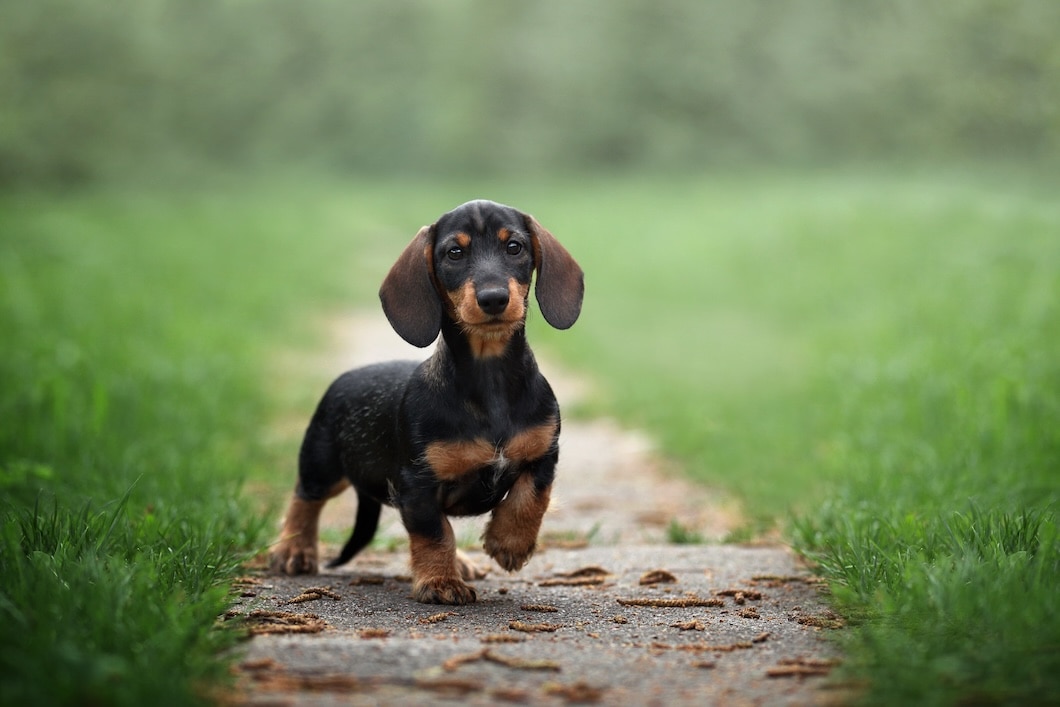Cute Dachshund puppy outdoors on grass