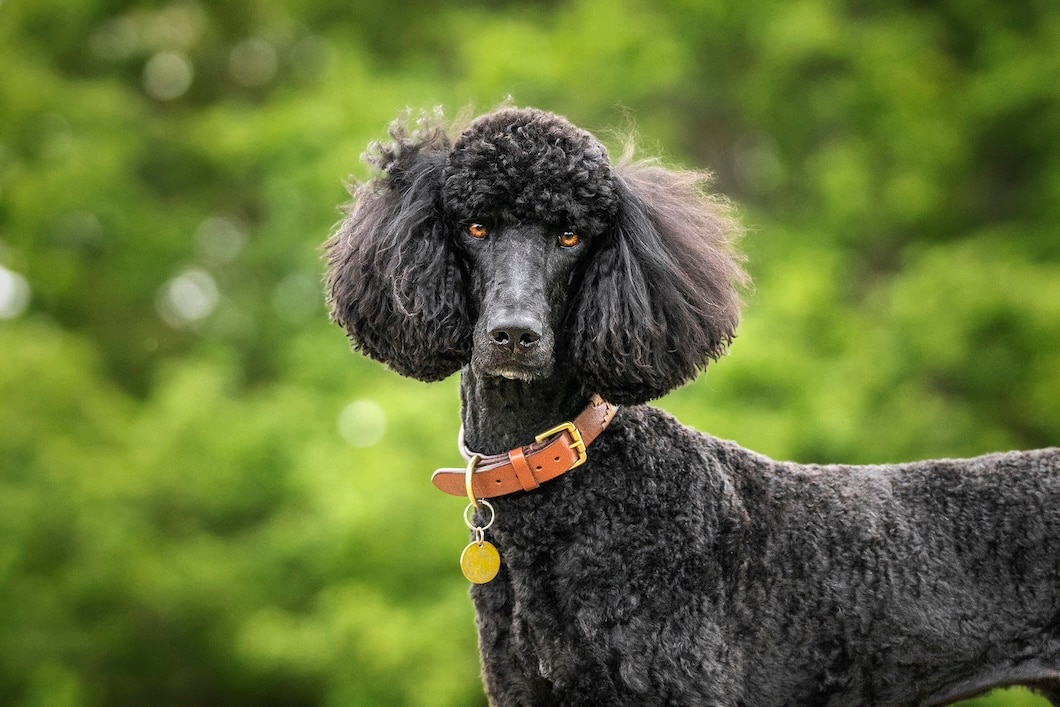 Black Standard Poodle outdoors with a blurred background