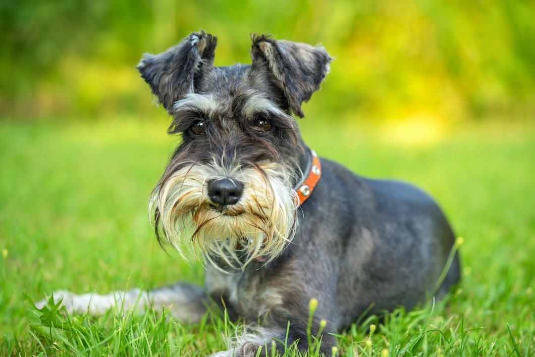 Miniature Schnauzer lying on grass