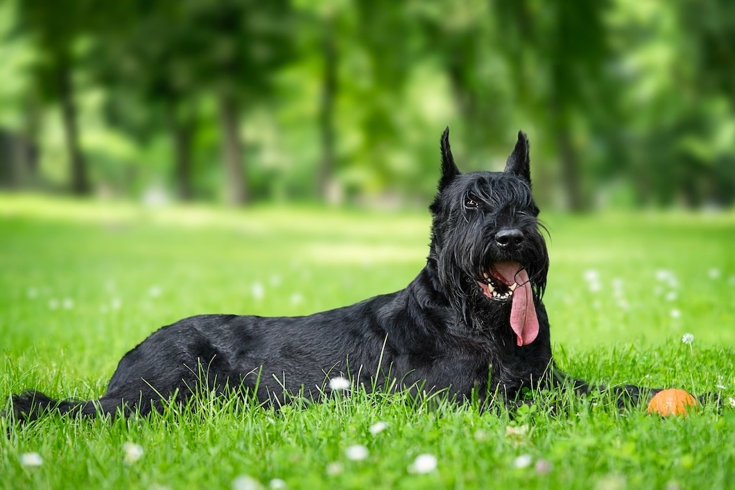 Giant schnauzer lying on grass with its tongue out