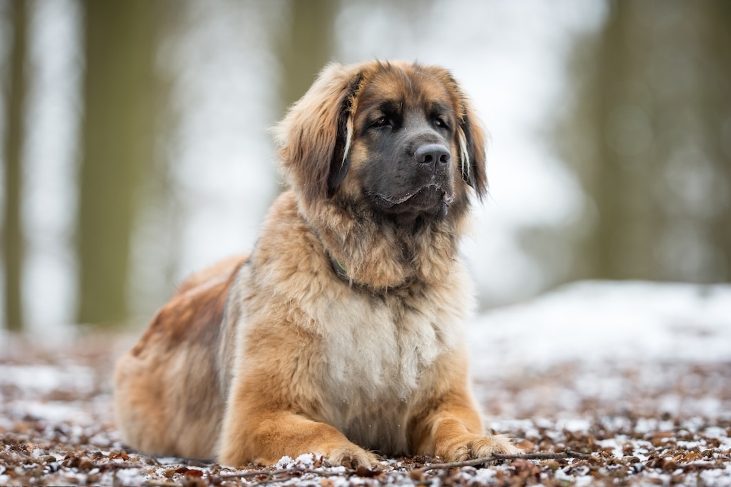 Leonberger lying down outdoors on snowy leaves