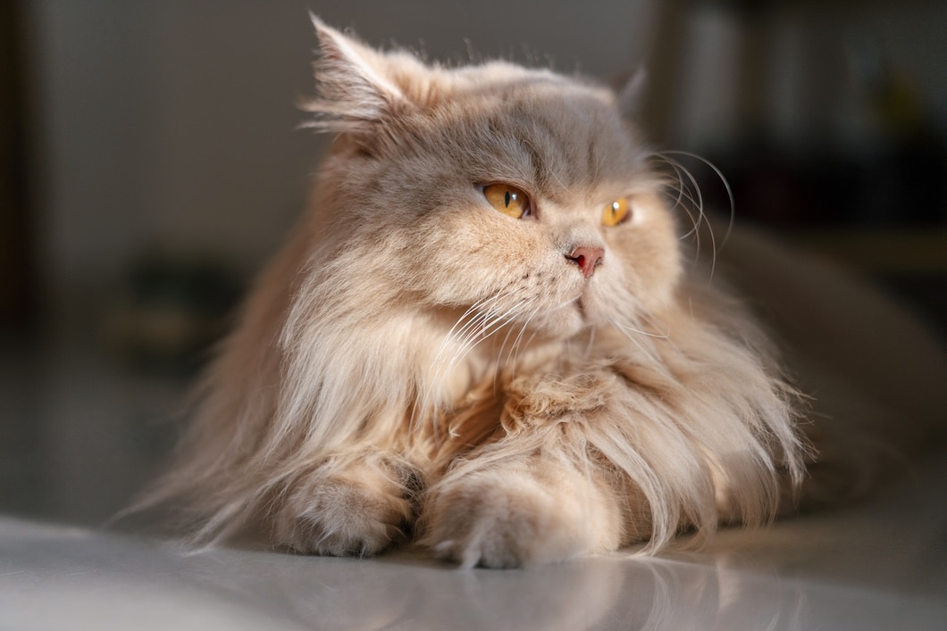 Yellow British Longhair Cat sitting on the ground in evening sunlight
