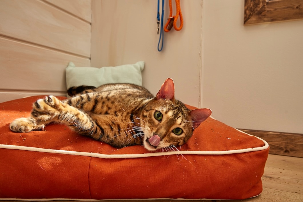 A Bengal cat lies on an orange bed on the floor.