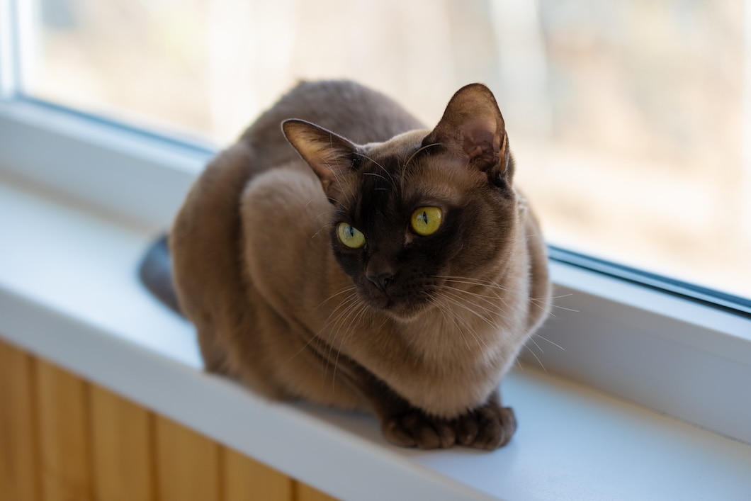 Brown Burmese cat with yellow eyes sitting on a windowsill.