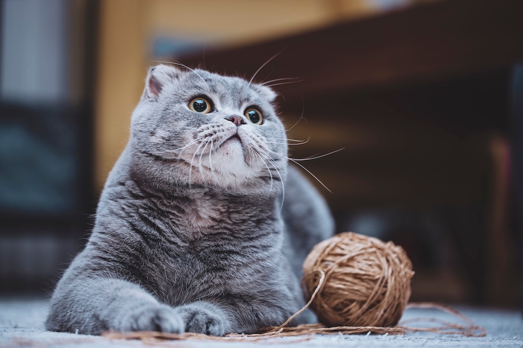 Gray Scottish Fold cat sitting beside a ball of twine.