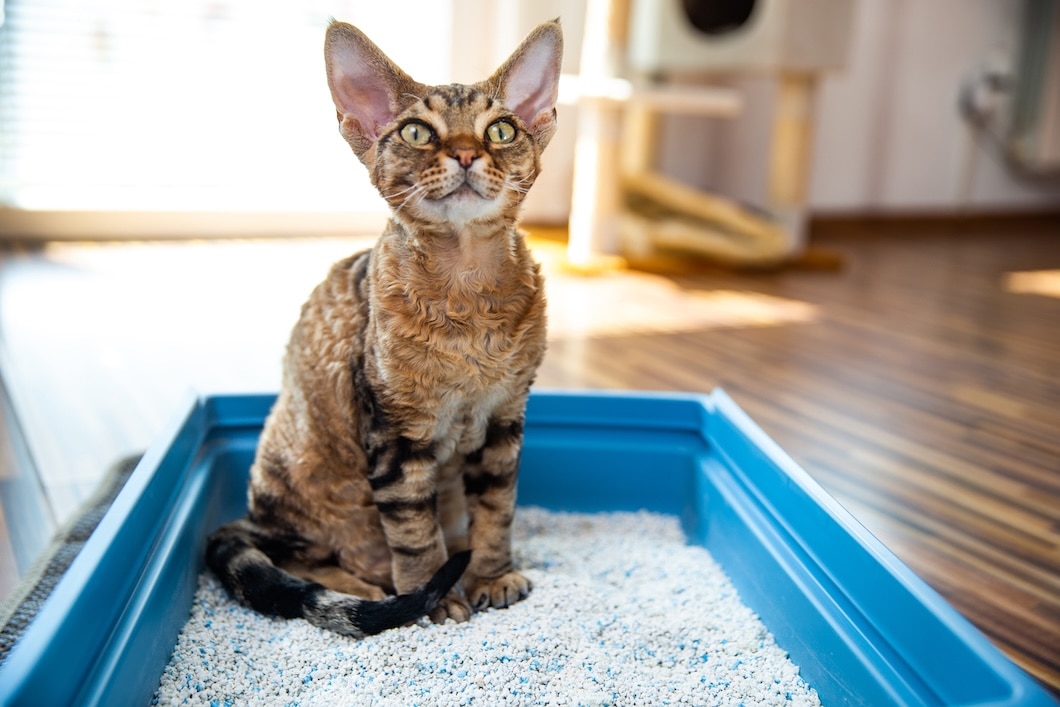 Devon Rex cat sitting in a blue litter box filled with cat litter.