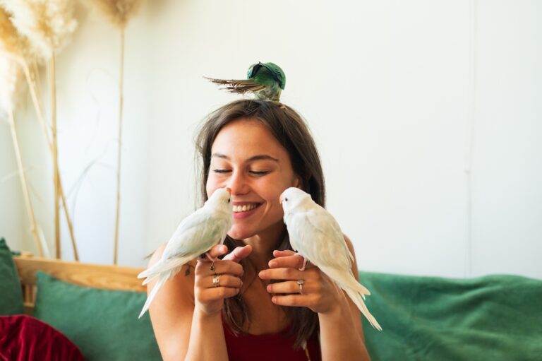 Young woman at home with her three pet parakeets.