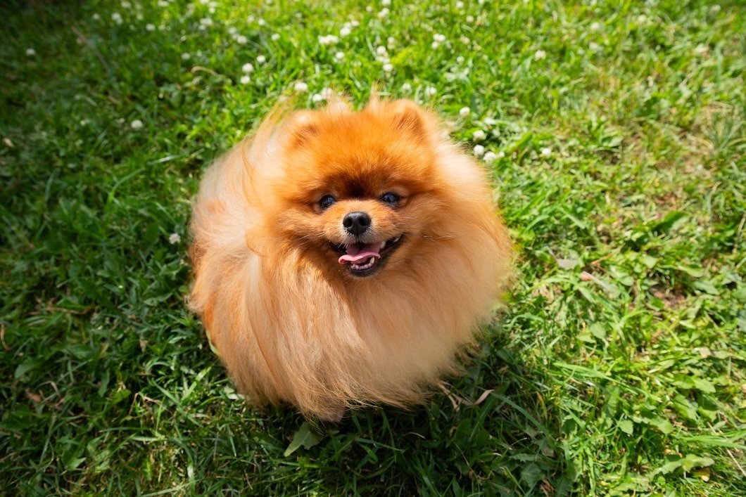 Fluffy orange Pomeranian standing on green grass with its mouth open.