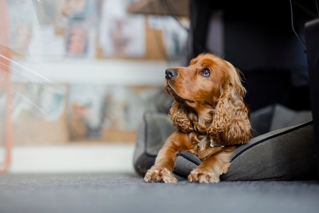 Cocker Spaniel lying on a dog bed and looking up while indoors.