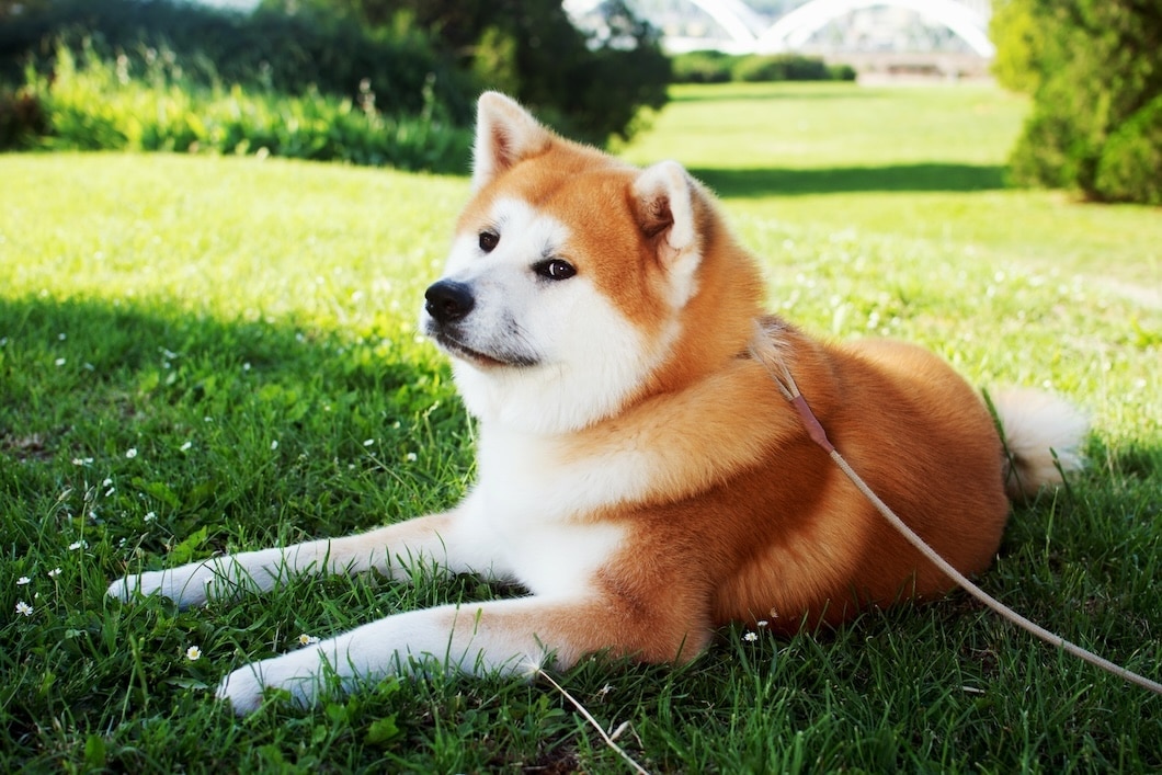 Red and white Akita lying on green grass outdoors with a leash attached.