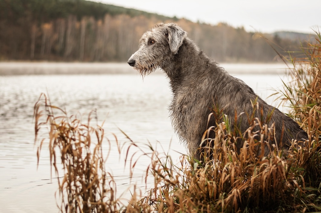 A gray Irish Wolfhound sitting among tall grasses at the edge of a calm lake.