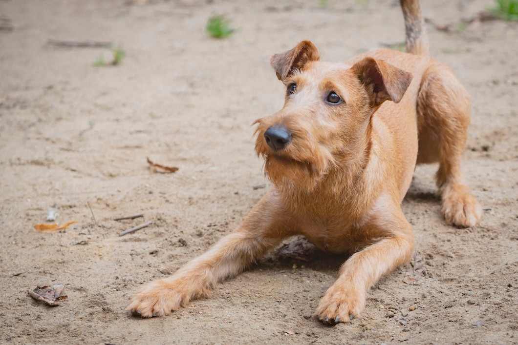A tan Irish Terrier lying on sandy ground and looking upward.