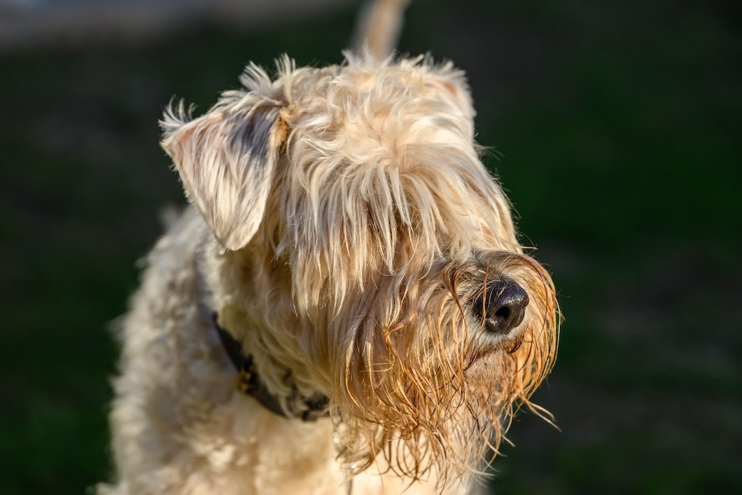 Close-up of a light-colored Soft Coated Wheaten Terrier with a shaggy coat covering its eyes.