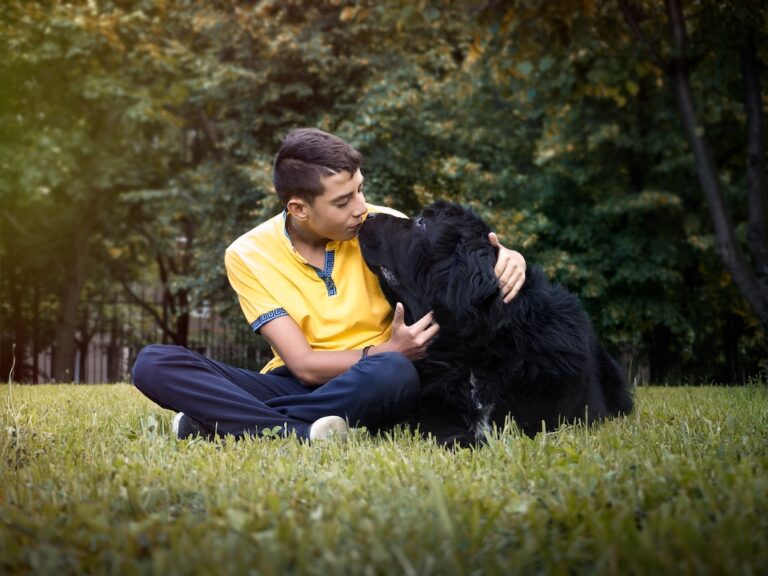 Young man sitting on grass and affectionately embracing a black Newfoundland dog in a park.