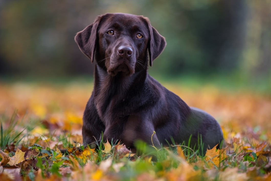 Chocolate Labrador retriever lying in grass surrounded by colorful autumn leaves.