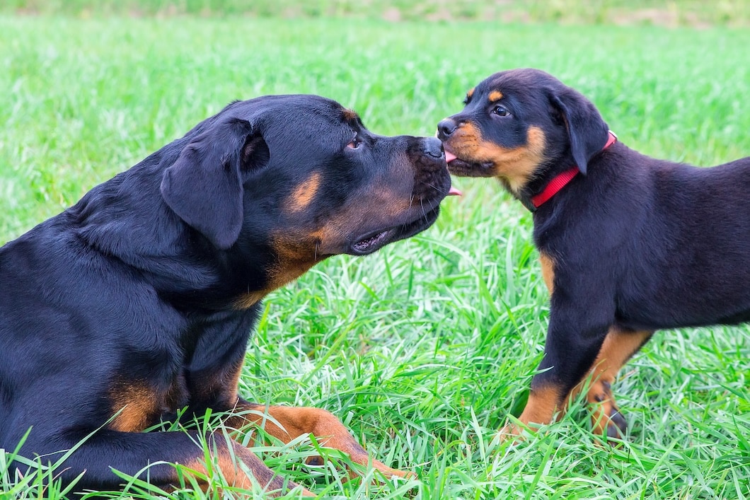 Adult Rottweiler and Rottweiler puppy licking each other while resting and standing in green grass.