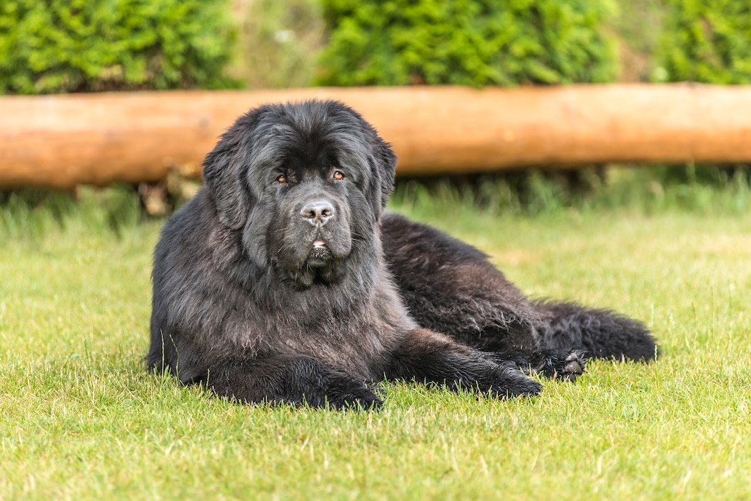 Black Newfoundland dog lying on green grass outdoors on a sunny summer day.