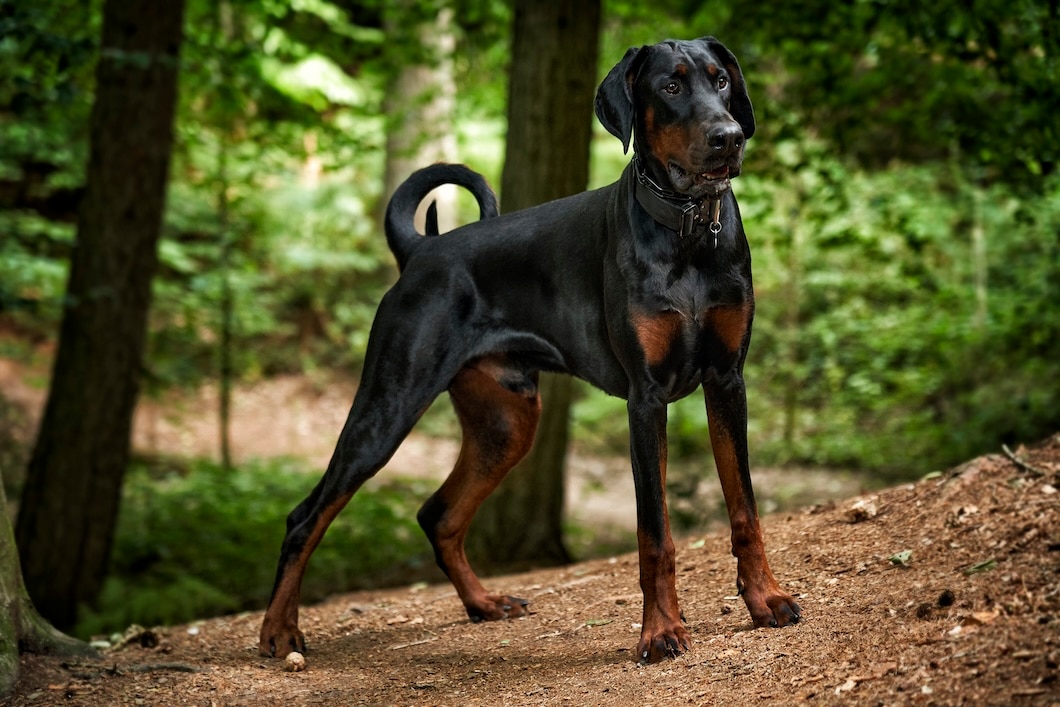 Black and rust Doberman standing alert on a dirt path in a wooded area.
