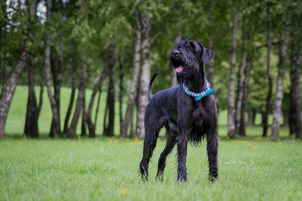 Black Giant Schnauzer wearing a blue checkered bow tie standing on grass in a summer park.