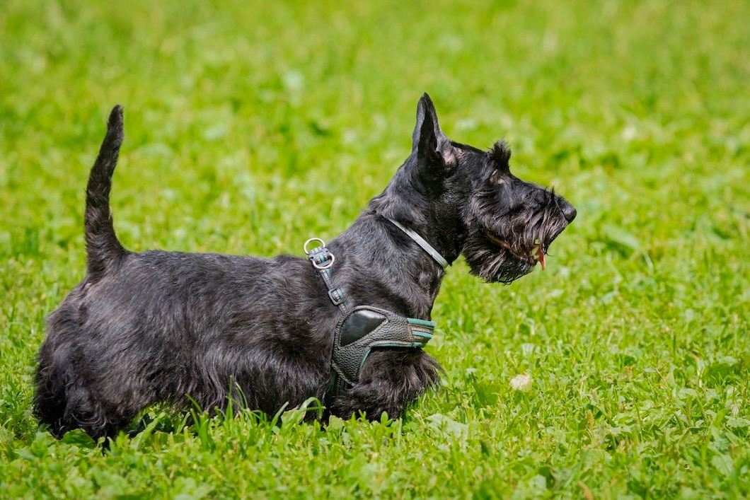 Black Scottish Terrier wearing a harness walking through green grass.