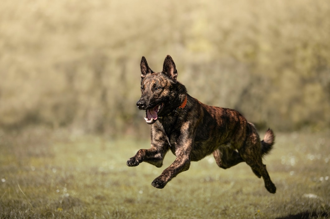 Brindle Dutch Shepherd dog running through a grassy field.