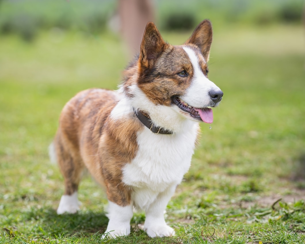 Brindle and white Cardigan Welsh Corgi standing on grass with its tongue out.