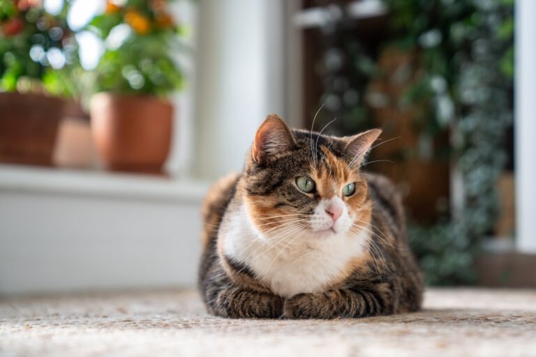 Calico cat loafing in front of houseplants. Learn if snake plants are toxic to cats.