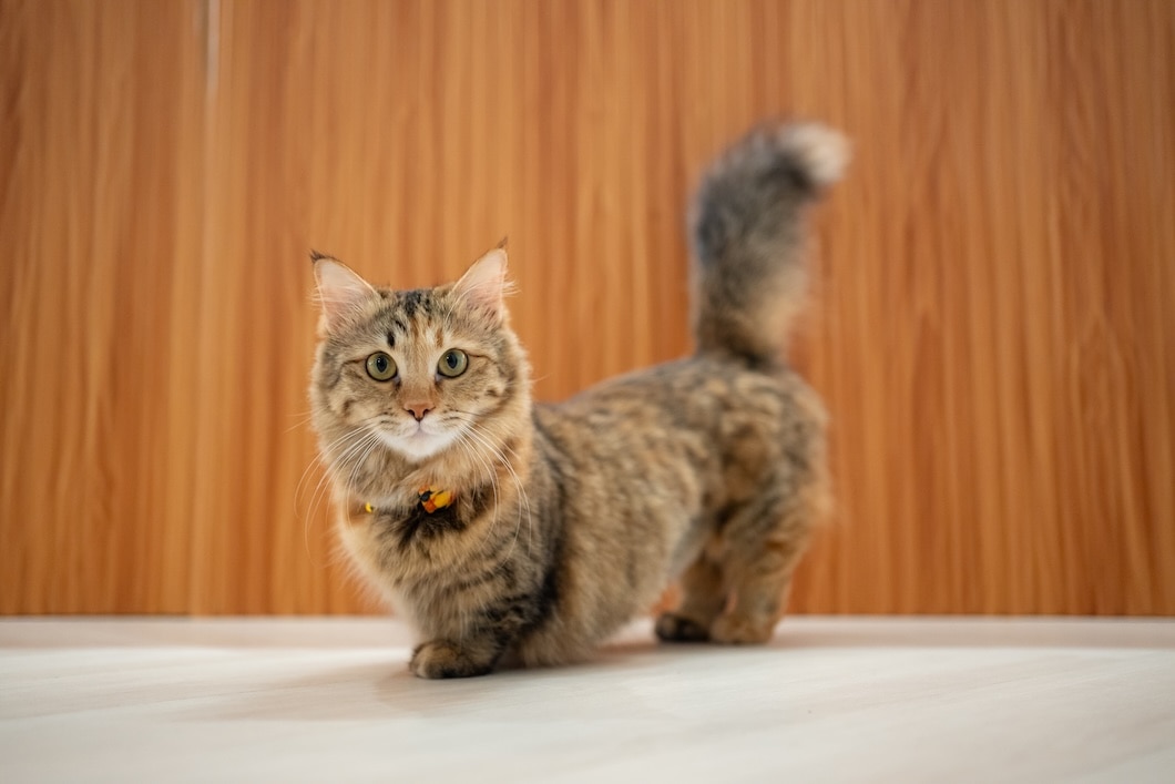 A Munchkin cat with short legs and a fluffy, upright tail standing indoors.