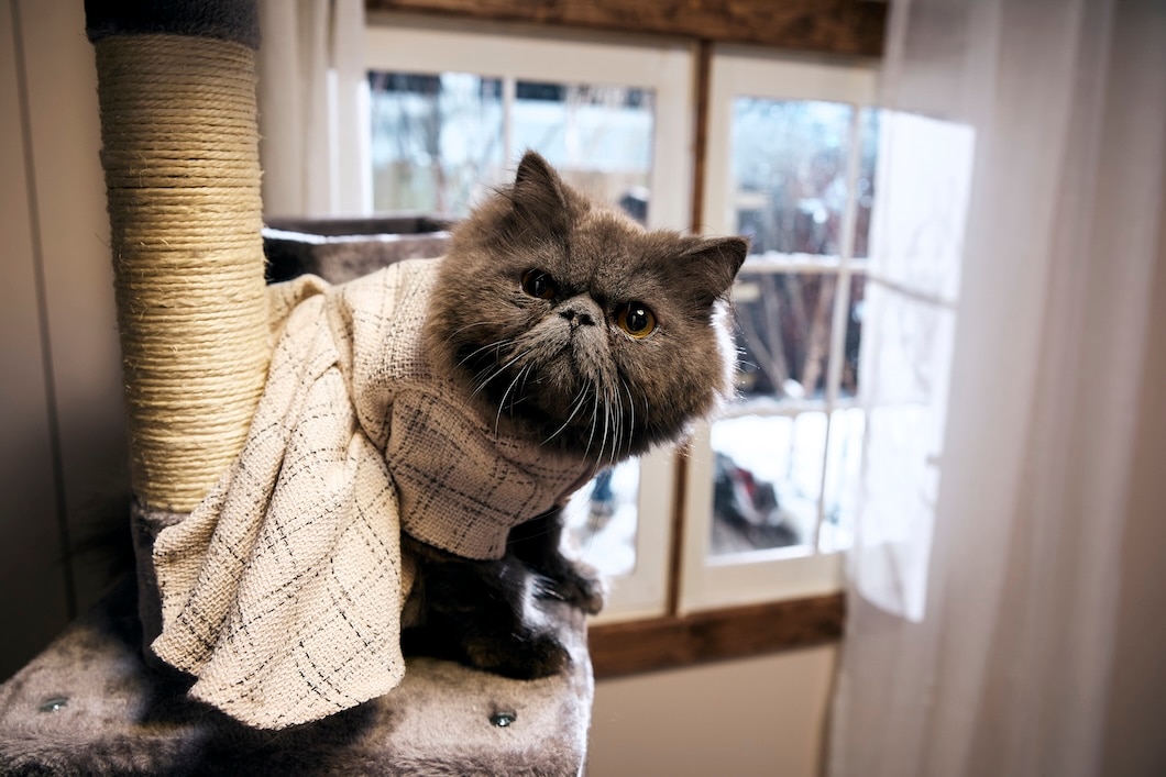 Gray Persian cat wearing a beige sweater while sitting on a cat tree.